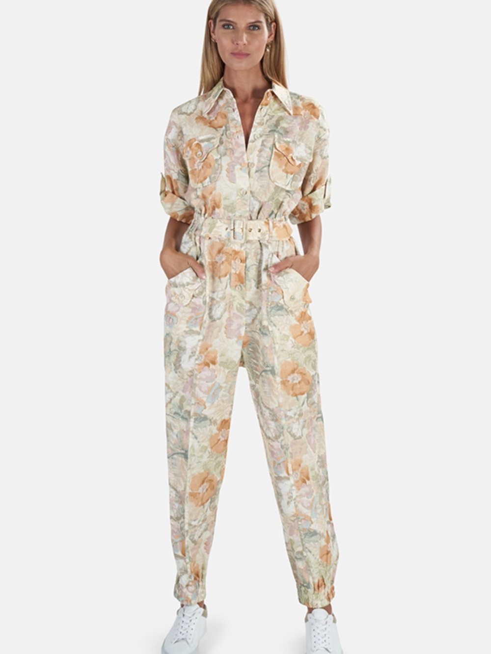 Lena Pastel Floral pants Jumpsuit with Belt - Picture 2 of 12